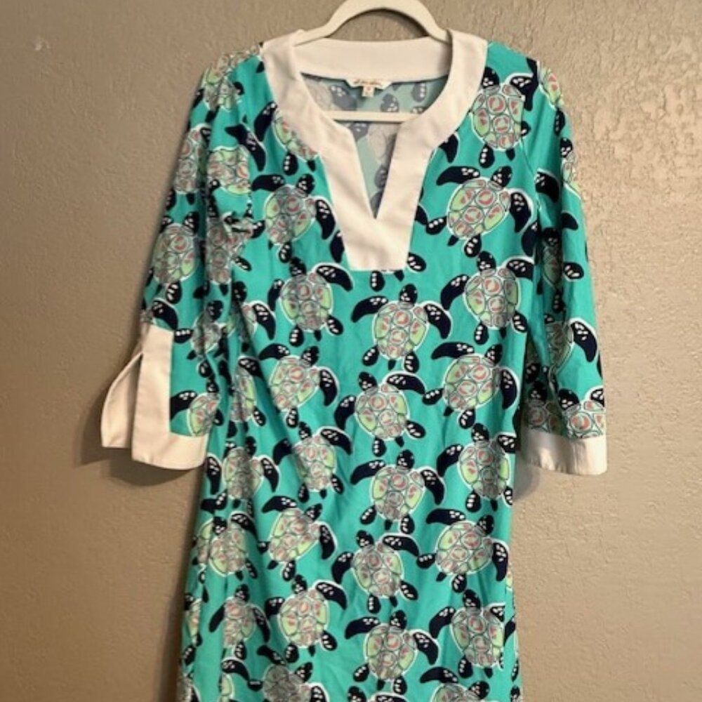 All for Color Sea Turtle Print Tunic Dress Top – Size M Aqua/White Resortwear